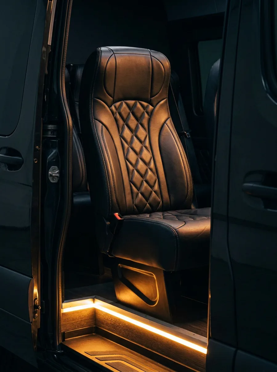 Detalle del asiento de piel y escalón iluminado de la van ViVIP
